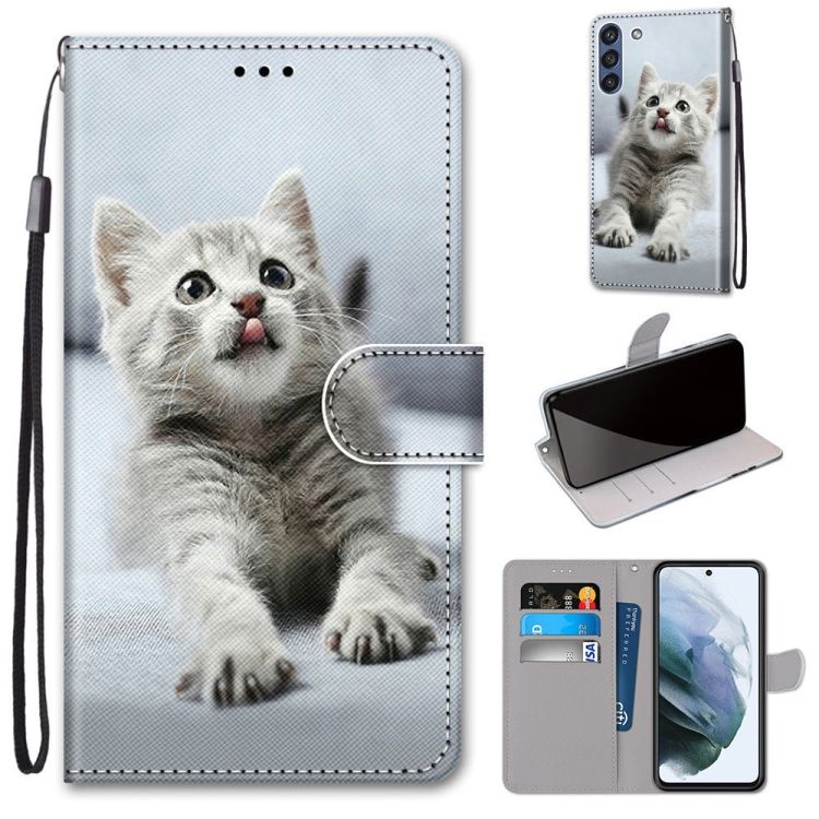 Knižkové puzdro Trendy Cross case Sivá mačka – Samsung Galaxy S21 FE