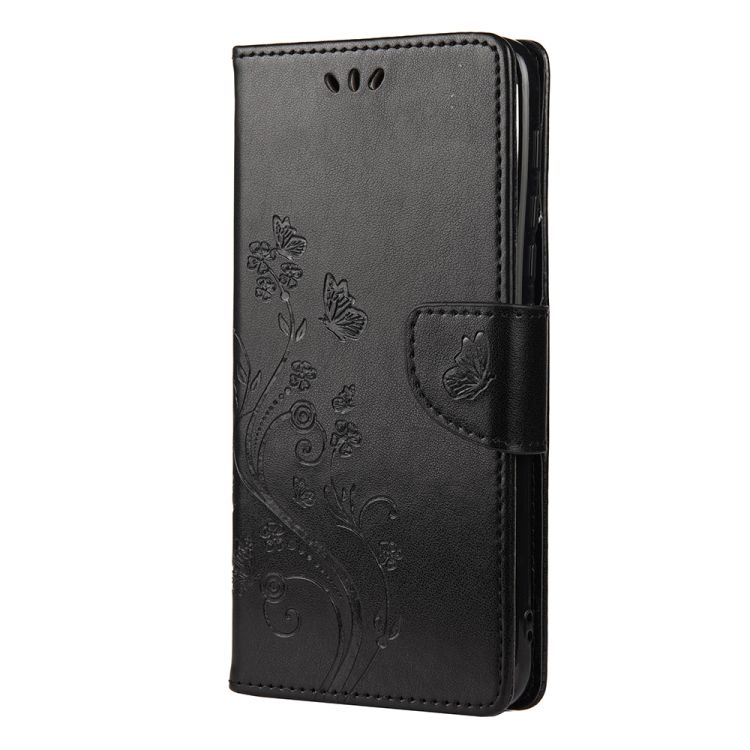 Peňaženkové puzdro Embossing Pattern Motýľ a kvet čierne – Motorola Moto G30 / G10