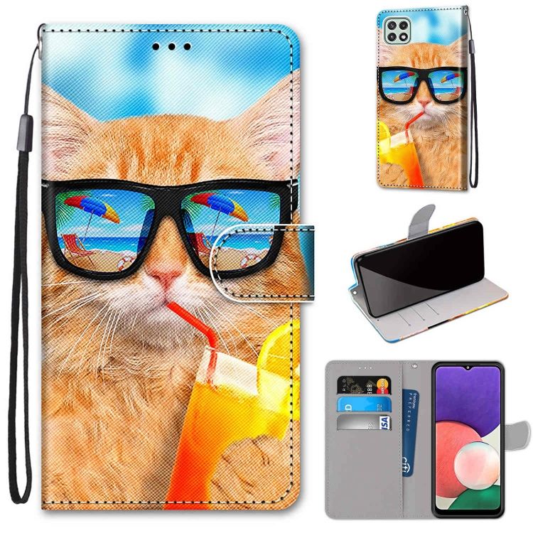 Knižkové puzdro Trendy Cross case Mačka a drink – Samsung Galaxy A22 5G