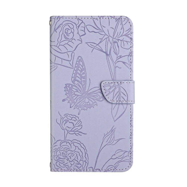 Peňaženkové puzdro Embossing Pattern Motýľ a ruže fialové – Motorola Moto G84 5G