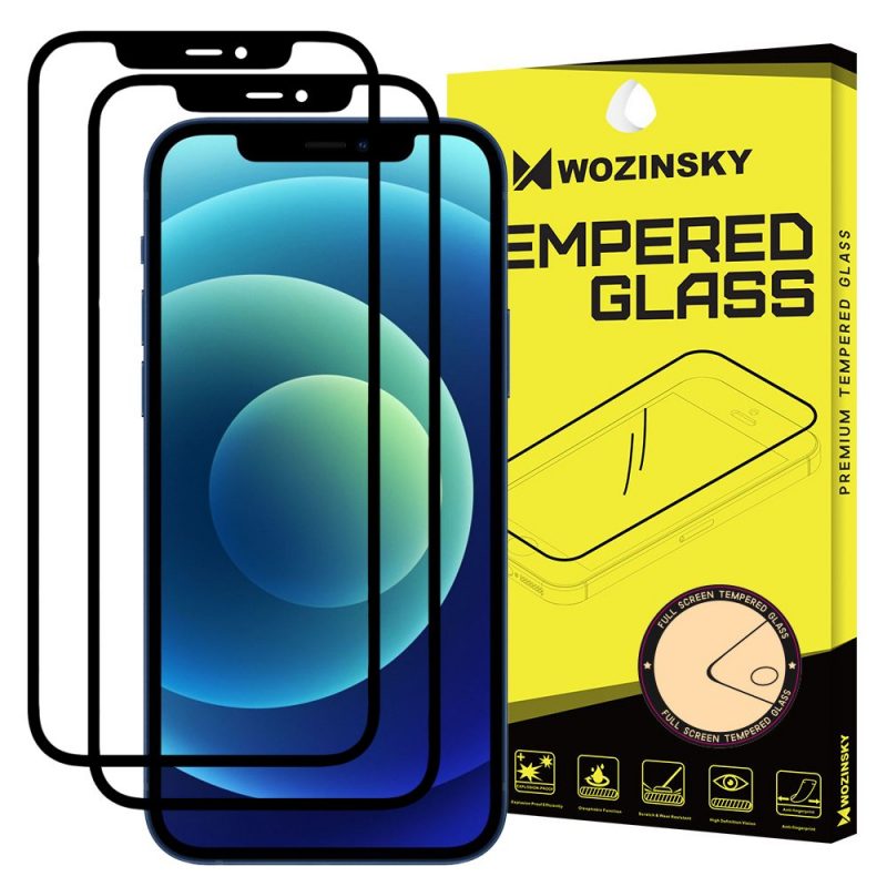 Lacné Kryty | Tvrdené sklo celopovrchové 9H Wozinsky čierne 2x – Apple iPhone 12 / iPhone 12 Pro