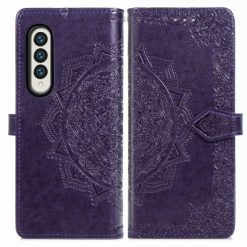 Lacné Kryty | Peňaženkové puzdro Embossing Pattern Mandala Flower fialové – Samsung Galaxy Z Fold 3 | Lacné Kryty