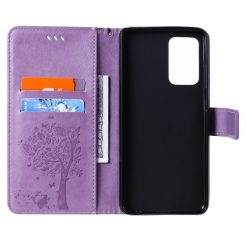 Lacné Kryty | Peňaženkové puzdro Embossing Pattern Strom a mačka fialové – Samsung Galaxy A52 / A52 5G / A52s 5G | Lacné Kryty