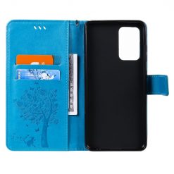Peňaženkové puzdro Embossing Pattern Strom a mačka modré – Samsung Galaxy A52 / A52 5G / A52s 5G | Lacné Kryty Lacné Kryty | Peňaženkové puzdro Embossing Pattern Strom a mačka modré – Samsung Galaxy A52 / A52 5G / A52s 5G | Lacné Kryty
