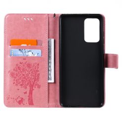 Lacné Kryty | Peňaženkové puzdro Embossing Pattern Strom a mačka ružové – Samsung Galaxy A52 / A52 5G / A52s 5G | Lacné Kryty