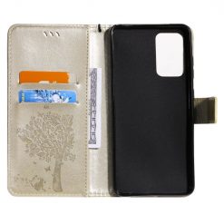 Lacné Kryty | Peňaženkové puzdro Embossing Pattern Strom a mačka zlaté – Samsung Galaxy A52 / A52 5G / A52s 5G | Lacné Kryty