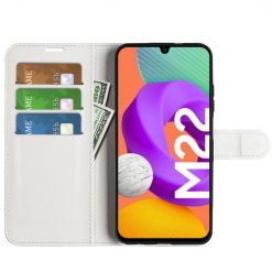 Lacné Kryty | Peňaženkové puzdro Litchi biele – Samsung Galaxy M22 | Lacné Kryty