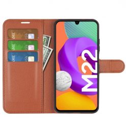 Lacné Kryty | Peňaženkové puzdro Litchi hnedé – Samsung Galaxy M22 | Lacné Kryty