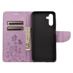 Peňaženkové puzdro Embossing Pattern Motýľ a kvet fialové – Samsung Galaxy A13 5G | Lacné Kryty Lacné Kryty | Peňaženkové puzdro Embossing Pattern Motýľ a kvet fialové – Samsung Galaxy A13 5G | Lacné Kryty