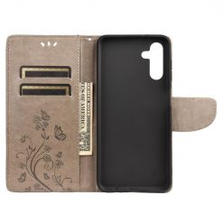 Lacné Kryty | Peňaženkové puzdro Embossing Pattern Motýľ a kvet hnedé – Samsung Galaxy A13 5G | Lacné Kryty