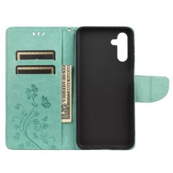 Lacné Kryty | Peňaženkové puzdro Embossing Pattern Motýľ a kvet zelené – Samsung Galaxy A13 5G | Lacné Kryty