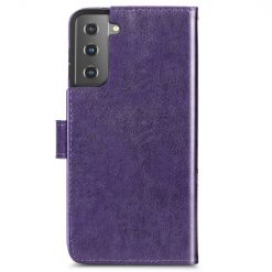 Lacné Kryty | Peňaženkové puzdro Embossing Pattern Štvorlístok fialové – Samsung Galaxy S22+ (S22 Plus) | Lacné Kryty