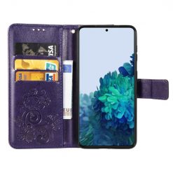 Lacné Kryty | Peňaženkové puzdro Embossing Pattern Štvorlístok fialové – Samsung Galaxy S22+ (S22 Plus) | Lacné Kryty