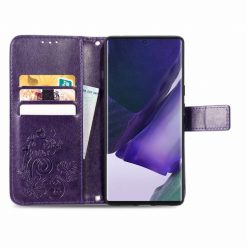 Lacné Kryty | Peňaženkové puzdro Embossing Pattern Štvorlístok fialové – Samsung Galaxy S22 Ultra | Lacné Kryty