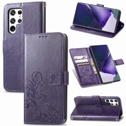 Lacné Kryty | Peňaženkové puzdro Embossing Pattern Štvorlístok fialové – Samsung Galaxy S22 Ultra | Lacné Kryty