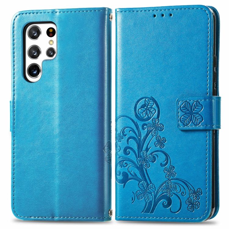 Peňaženkové puzdro Embossing Pattern Štvorlístok modré – Samsung Galaxy S22 Ultra