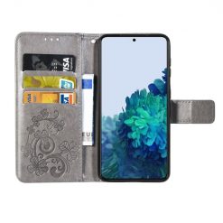 Lacné Kryty | Peňaženkové puzdro Embossing Pattern Štvorlístok sivé – Samsung Galaxy S22+ (S22 Plus) | Lacné Kryty