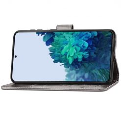 Lacné Kryty | Peňaženkové puzdro Embossing Pattern Štvorlístok sivé – Samsung Galaxy S22+ (S22 Plus) | Lacné Kryty