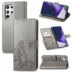 Lacné Kryty | Peňaženkové puzdro Embossing Pattern Štvorlístok sivé – Samsung Galaxy S22 Ultra | Lacné Kryty