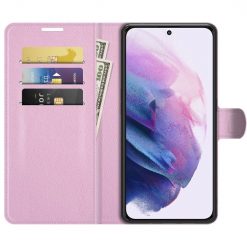 Lacné Kryty | Peňaženkové puzdro Litchi bledoružové – Samsung Galaxy S22+ (S22 Plus) | Lacné Kryty