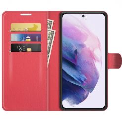Lacné Kryty | Peňaženkové puzdro Litchi červené – Samsung Galaxy S22+ (S22 Plus) | Lacné Kryty