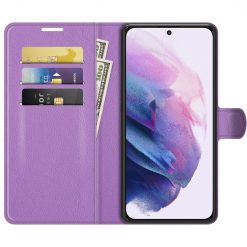 Lacné Kryty | Peňaženkové puzdro Litchi fialové – Samsung Galaxy S22+ (S22 Plus) | Lacné Kryty