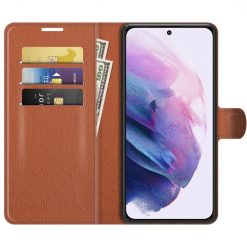 Lacné Kryty | Peňaženkové puzdro Litchi hnedé – Samsung Galaxy S22+ (S22 Plus) | Lacné Kryty