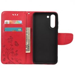 Peňaženkové puzdro Embossing Pattern Motýľ a kvet červené – Samsung Galaxy S21 FE | Lacné Kryty Lacné Kryty | Peňaženkové puzdro Embossing Pattern Motýľ a kvet červené – Samsung Galaxy S21 FE | Lacné Kryty