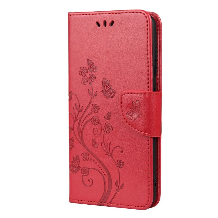 Peňaženkové puzdro Embossing Pattern Motýľ a kvet červené – Samsung Galaxy S21 FE