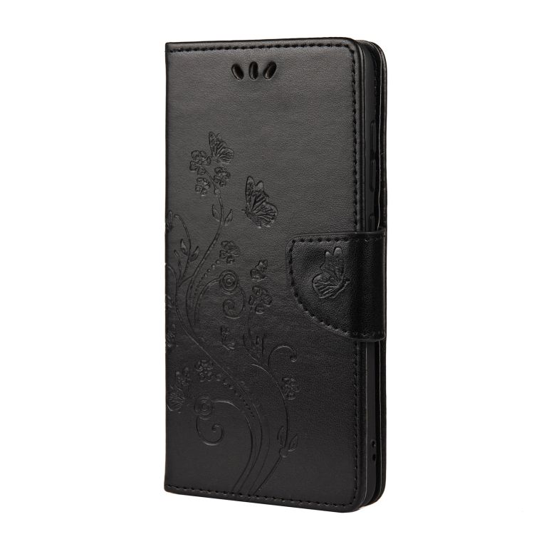 Peňaženkové puzdro Embossing Pattern Motýľ a kvet čierne – Samsung Galaxy S21 FE
