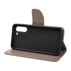 Lacné Kryty | Peňaženkové puzdro Embossing Pattern Motýľ a kvet hnedé – Samsung Galaxy S21 FE | Lacné Kryty