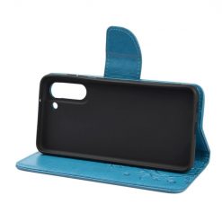 Lacné Kryty | Peňaženkové puzdro Embossing Pattern Motýľ a kvet modré – Samsung Galaxy S21 FE | Lacné Kryty