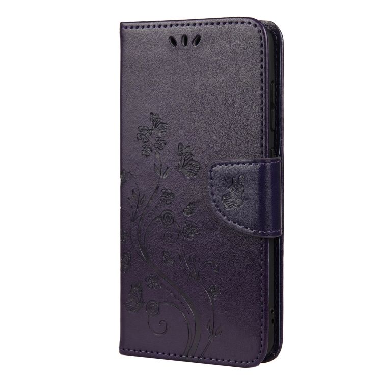 Peňaženkové puzdro Embossing Pattern Motýľ a kvet tmavofialové – Samsung Galaxy S21 FE