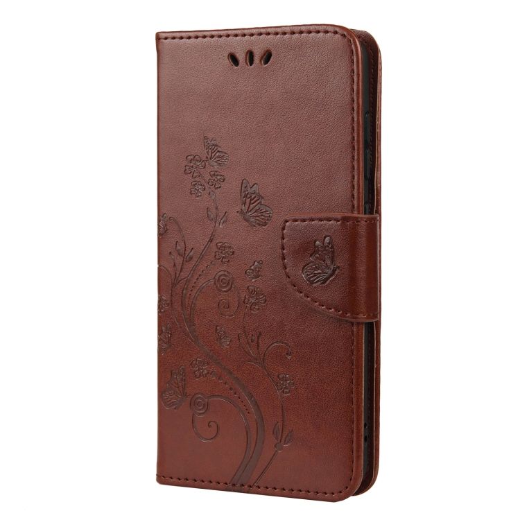 Peňaženkové puzdro Embossing Pattern Motýľ a kvet tmavohnedé – Samsung Galaxy S21 FE