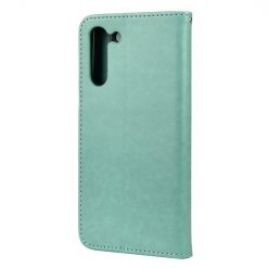 Lacné Kryty | Peňaženkové puzdro Embossing Pattern Motýľ a kvet zelené – Samsung Galaxy S21 FE | Lacné Kryty