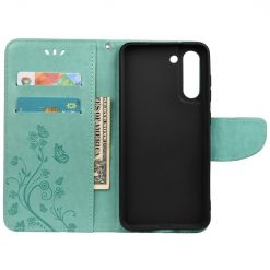 Lacné Kryty | Peňaženkové puzdro Embossing Pattern Motýľ a kvet zelené – Samsung Galaxy S21 FE | Lacné Kryty