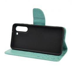Lacné Kryty | Peňaženkové puzdro Embossing Pattern Motýľ a kvet zelené – Samsung Galaxy S21 FE | Lacné Kryty