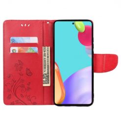 Lacné Kryty | Peňaženkové puzdro Embossing Pattern Motýľ a kvet červené – Samsung Galaxy A53 5G | Lacné Kryty