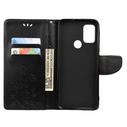 Lacné Kryty | Peňaženkové puzdro Embossing Pattern Motýľ a kvet čierne – Motorola Moto G30 / G10 | Lacné Kryty
