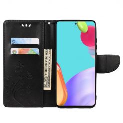 Lacné Kryty | Peňaženkové puzdro Embossing Pattern Motýľ a kvet čierne – Samsung Galaxy A53 5G | Lacné Kryty