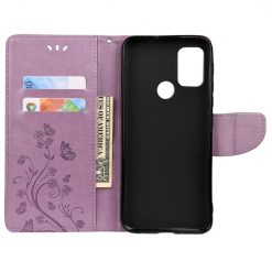 Lacné Kryty | Peňaženkové puzdro Embossing Pattern Motýľ a kvet fialové – Motorola Moto G30 / G10 | Lacné Kryty