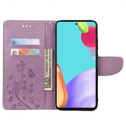 Lacné Kryty | Peňaženkové puzdro Embossing Pattern Motýľ a kvet fialové – Samsung Galaxy A53 5G | Lacné Kryty