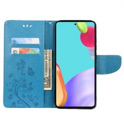 Lacné Kryty | Peňaženkové puzdro Embossing Pattern Motýľ a kvet modré – Samsung Galaxy A53 5G | Lacné Kryty