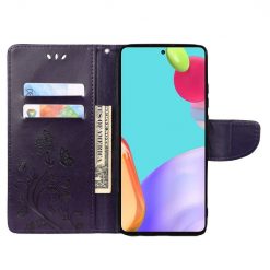 Lacné Kryty | Peňaženkové puzdro Embossing Pattern Motýľ a kvet tmavofialové – Samsung Galaxy A53 5G | Lacné Kryty