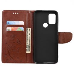 Lacné Kryty | Peňaženkové puzdro Embossing Pattern Motýľ a kvet tmavohnedé – Motorola Moto G30 / G10 | Lacné Kryty