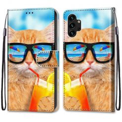Lacné Kryty | Knižkové puzdro Trendy Cross case Mačka a drink – Samsung Galaxy A13 (4G) | Lacné Kryty