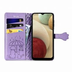 Peňaženkové puzdro Embossing Pattern Pes a Mačka fialové – Samsung Galaxy A12 / M12 | Lacné Kryty Lacné Kryty | Peňaženkové puzdro Embossing Pattern Pes a Mačka fialové – Samsung Galaxy A12 / M12 | Lacné Kryty