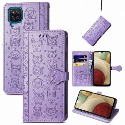 Peňaženkové puzdro Embossing Pattern Pes a Mačka fialové – Samsung Galaxy A12 / M12 | Lacné Kryty Lacné Kryty | Peňaženkové puzdro Embossing Pattern Pes a Mačka fialové – Samsung Galaxy A12 / M12 | Lacné Kryty