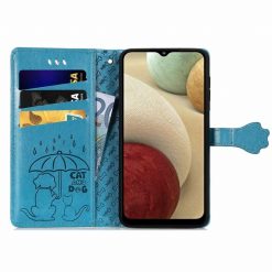 Lacné Kryty | Peňaženkové puzdro Embossing Pattern Pes a Mačka modré – Samsung Galaxy A12 / M12 | Lacné Kryty