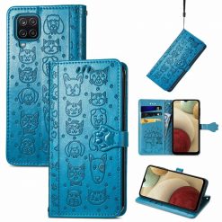Lacné Kryty | Peňaženkové puzdro Embossing Pattern Pes a Mačka modré – Samsung Galaxy A12 / M12 | Lacné Kryty